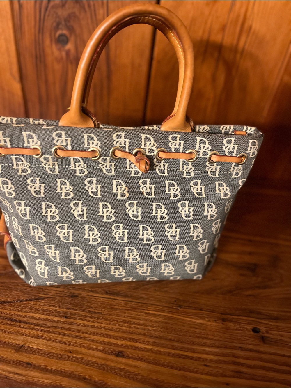 Dooney & Bourke Branded Monogram Canvas Tote with Tan Leather Trim - Blue/Tan